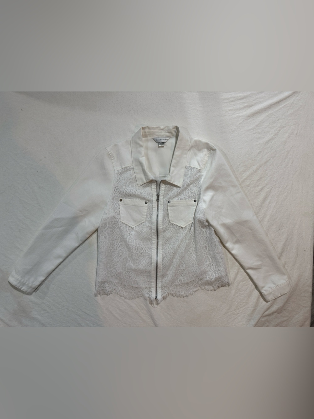 Christopher & Banks White Denim Lace Overlay Zip-Up Jacket Raw Hem - Size M